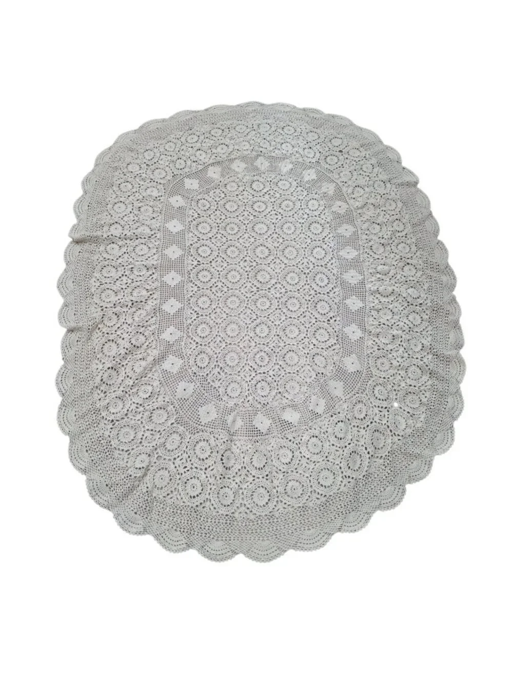 Vintage Handmade Crochet Lace Tablecloth Oval 49 x 63 Ecru